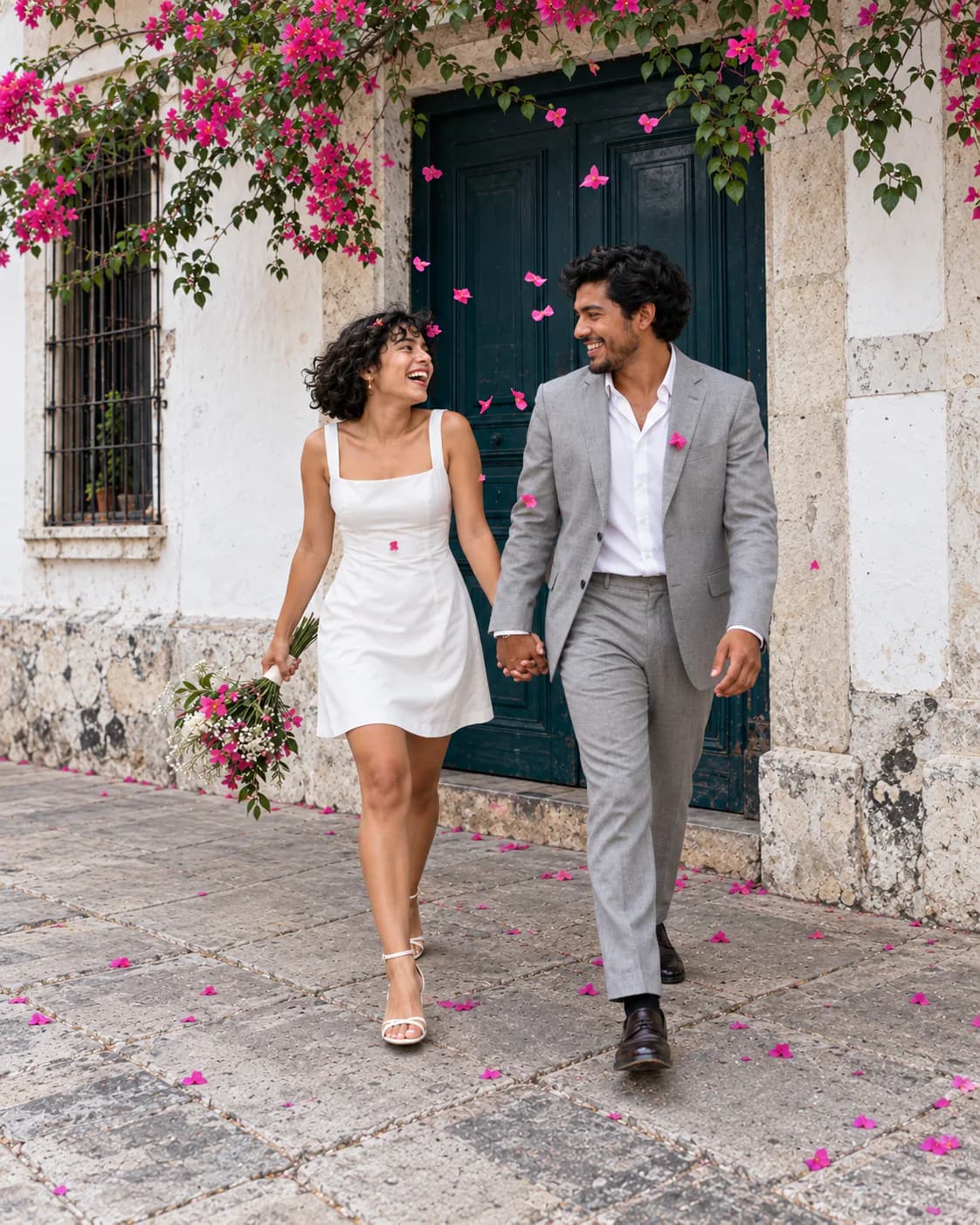 Newlywed couple laughing as bougainvillea petals hang frozen in the air.