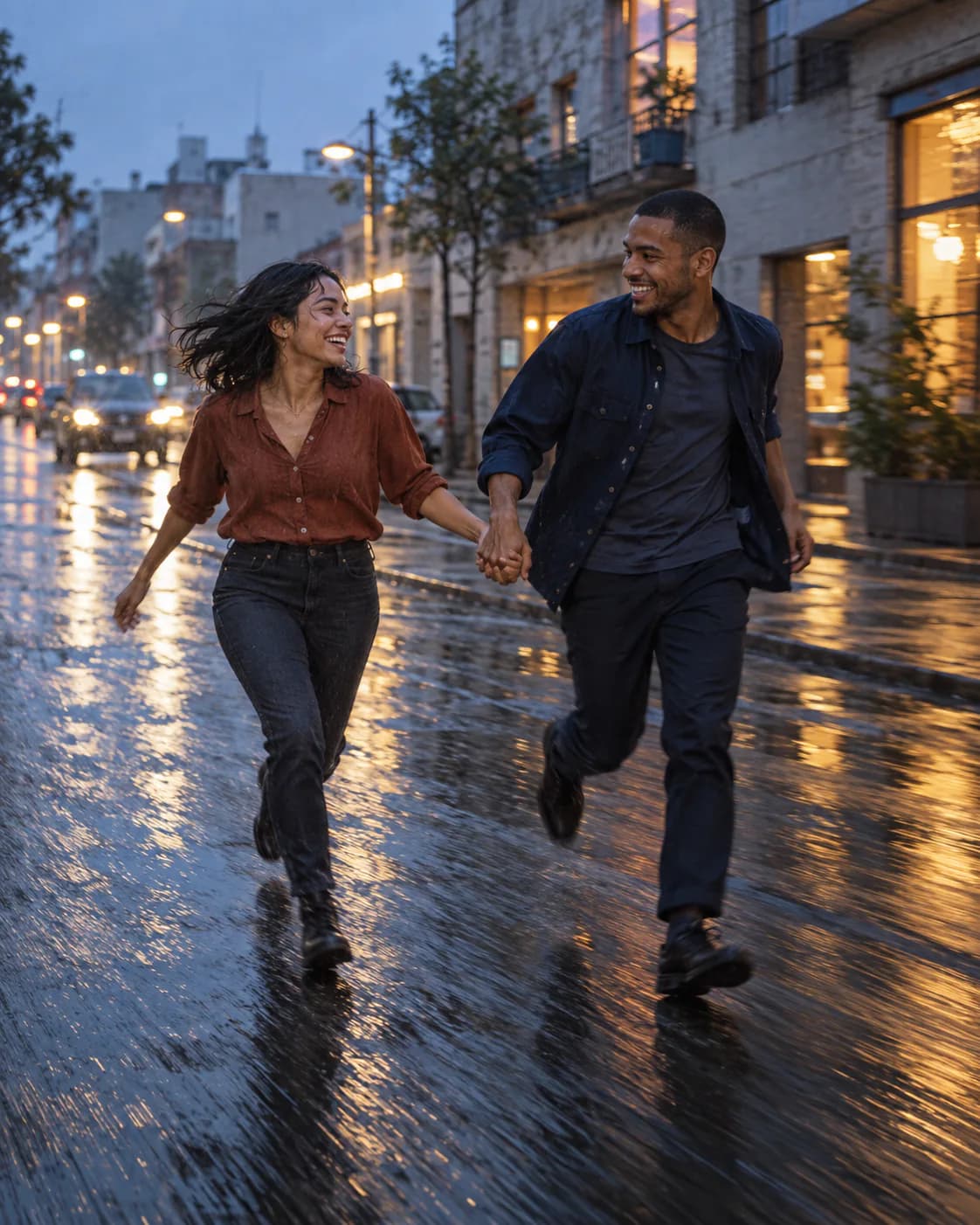 Couple running hand in hand across a wet street at blue hour, among the city lights.