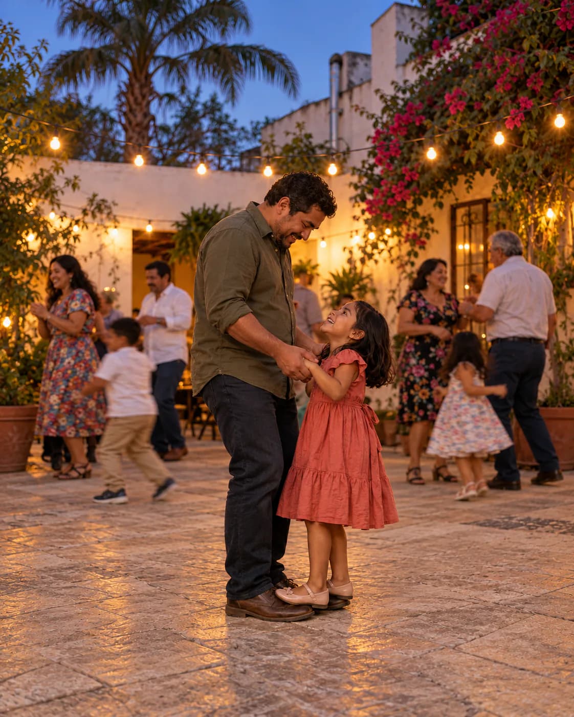 A little girl dances with her father in a lit patio as the party carries on around them.