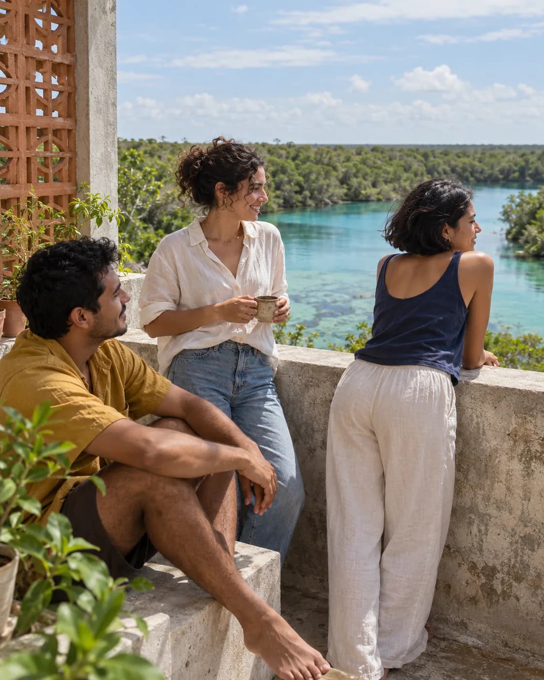 Three friends enjoying a turquoise lagoon from a concrete terrace with a lattice-brick wall.