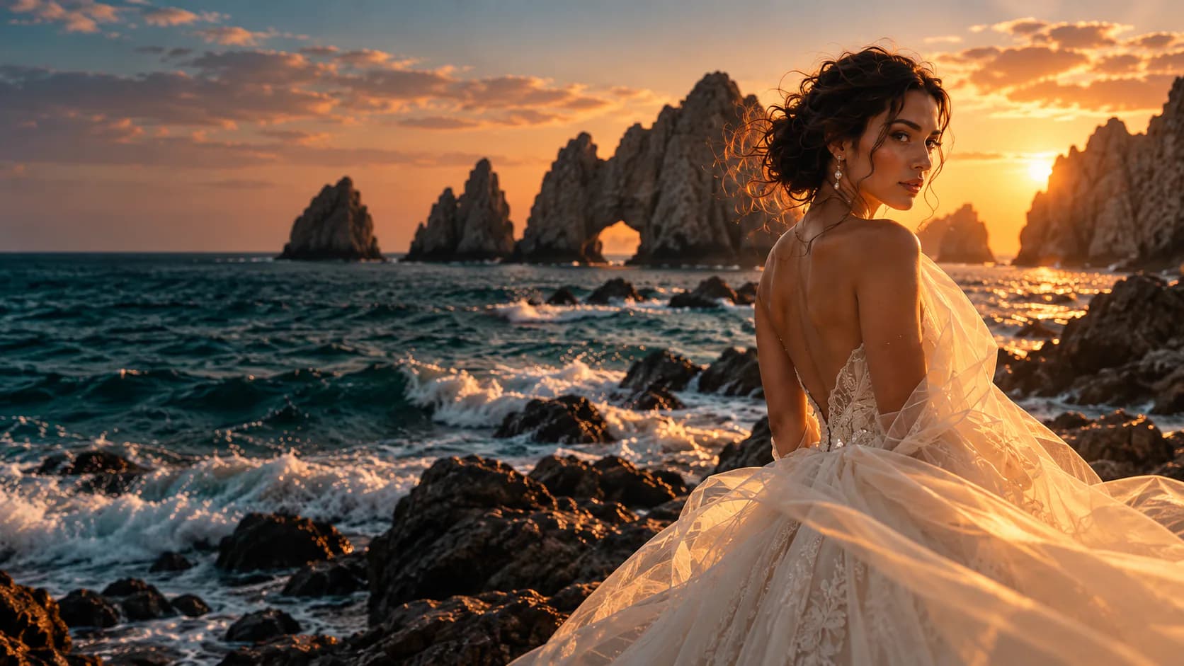 Bride in an ivory gown by the sea and the rock formations at sunset.